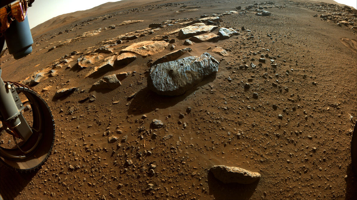 Image taken by Perseverance with two holes where the rover's drill obtained chalk-size samples from rock nicknamed "Rochette."